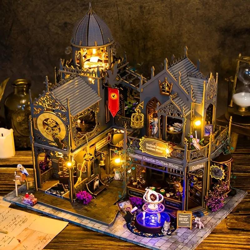 DIY Magic Castle Model Kit, Wooden Miniature Building Scene with LED Lights, Castle Book Nook, Unique Craft Gift