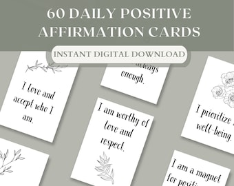 60 Printable Positive Affirmation Cards, Self-Care, Vision Board, Instant Download PDF
