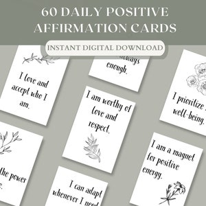 60 Tarjetas de Afirmación Positiva Imprimibles, Autocuidado, Tablero de Visión, Descarga Instantánea en PDF