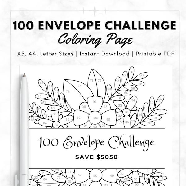 100 Envelope Challenge Printable | Instant Download | Printable PDF | Money Savings Challenge | Coloring Page | Savings Tracker