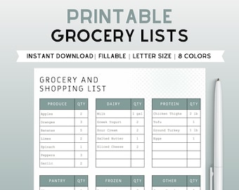 Plantilla imprimible y rellenable de lista de compras y comestibles, salud y estado físico, PDF de descarga instantánea