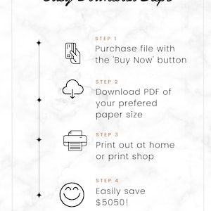 Puede incluir: Un fondo blanco con texto negro e iconos que describen los pasos para descargar un producto digital. Los pasos son: 1. Comprar el archivo con el bot&oacute;n 'Comprar ahora', 2. Descargar el PDF en el tama&ntilde;o de papel que prefieras, 3. Imprimir en casa o en una tienda de impresi&oacute;n, 4. &iexcl;Ahorra f&aacute;cilmente 5050 &euro;!