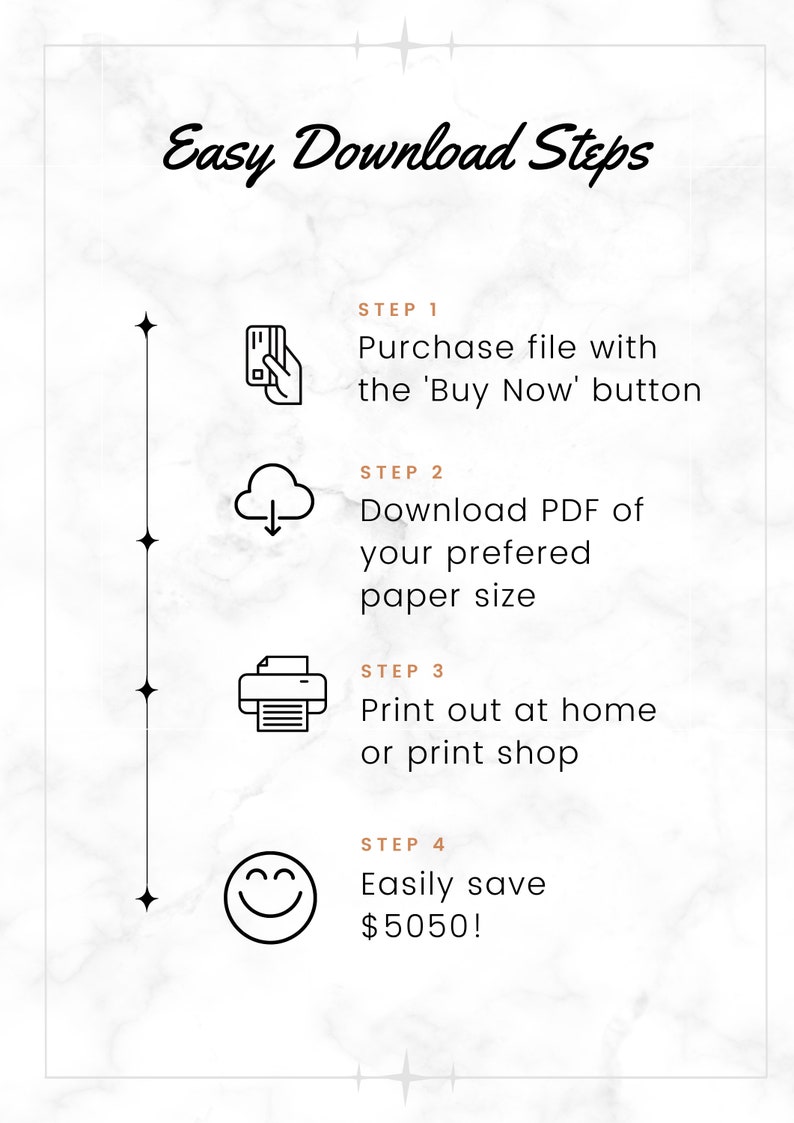 Puede incluir: Un fondo blanco con texto negro e iconos que describen los pasos para descargar un producto digital. Los pasos son: 1. Comprar el archivo con el bot&oacute;n 'Comprar ahora', 2. Descargar el PDF en el tama&ntilde;o de papel que prefieras, 3. Imprimir en casa o en una tienda de impresi&oacute;n, 4. &iexcl;Ahorra f&aacute;cilmente 5050 &euro;!