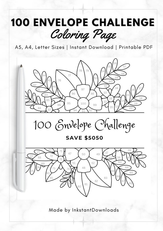 100 Envelope Challenge Printable | Instant Download | Printable PDF | Money Savings Challenge | Coloring Page | Savings Tracker