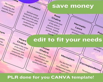 Flashcard PLR, termini spirituali PLR, flashcard descrittive, flashcard stampabili per Canva, uso commerciale, modello Canva per flashcard spirituali