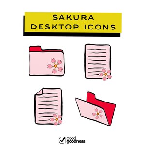 May include: Sakura desktop icons in a hand-drawn style. The image features a pink folder and documents, each adorned with a cherry blossom. The text "SAKURA DESKTOP ICONS" is displayed in a yellow banner.