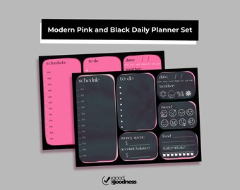 Set agenda/programma giornaliero moderno rosa e nero, lista delle cose da fare (download digitale)