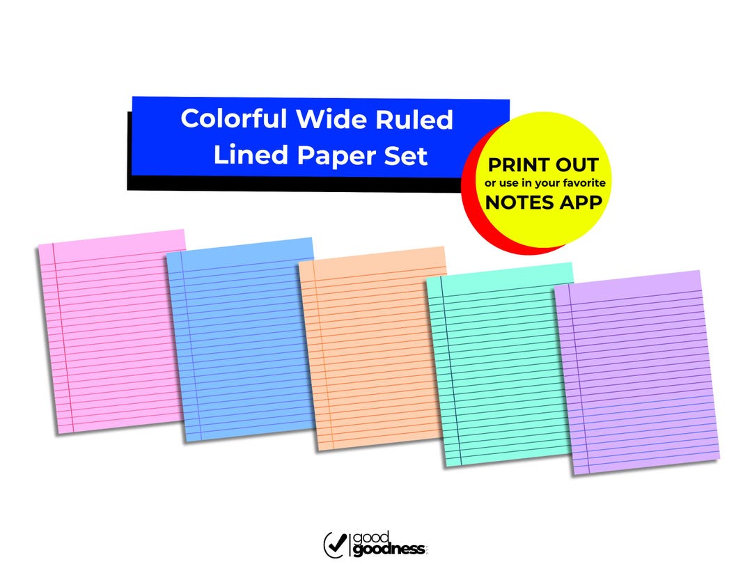 Wide Ruled Color Paper Journal Colorful Wide Ruled Lined Paper Set | 5 Unique Colors (digital Download ...