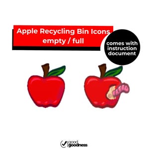 May include: Two red apple icons, one whole and one with a worm, representing empty and full recycling bins. Text above reads "Apple Recycling Bin Icons empty / full". A black circle states "comes with instruction document".