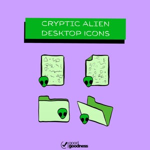 Op de afbeelding: Digitale illustratie met vier bureaubladpictogrammen met een alien-thema. De pictogrammen omvatten twee documenten en twee mappen, elk versierd met een groen alienhoofd. De tekst "CRYPTIC ALIEN DESKTOP ICONS" wordt weergegeven op een groene banner.