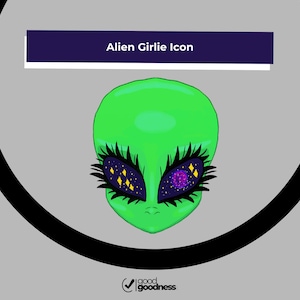 May include: A green alien face with large, detailed eyes filled with a starry night design. The image includes the text "Alien Girlie Icon" in a dark blue rectangle, set against a gray background with a black circular border.