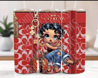 May include: A cylindrical tumbler featuring a red background with a repeating white logo pattern, a Coach New York logo, and a graphic of a cartoon character with black hair wearing blue jeans and high heels, accompanied by a handbag and perfume bottle.
