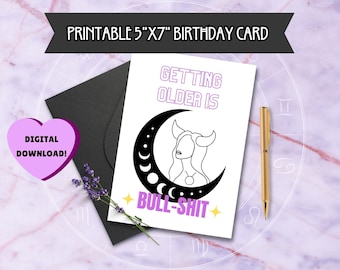 Tarjeta de cumpleaños/felicitación imprimible mística del Horóscopo Tauro--DESCARGA DIGITAL