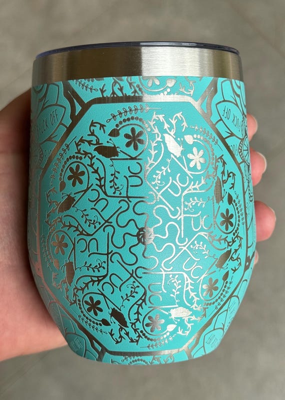 Full 360 Degree Swear Word Mandala Laser Engraved 12 ounce Wine Tumbler with lid