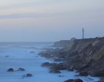 Lighthouse View Landschapsfotografie, Blue tone Art Print, Glanzend papier, Coastal Seascape Photo, Wall Art, Wall Hanging