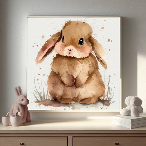 Bunny Rabbit Watercolor Canvas Wall Art, Cute Nursery Wall Decor