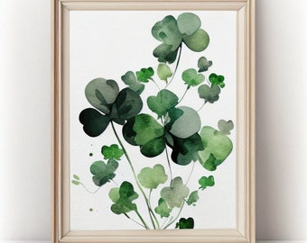 Green Clovers Watercolor Painting, Abstract Clover Print, Lucky Clover Poster, St Patricks Day, Irish Nature Shamrock Plant