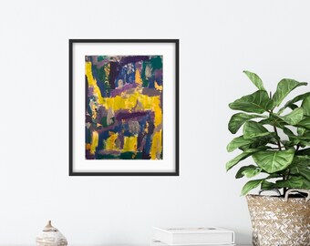 Petit tableau abstrait : art techniques mixtes violet et or
