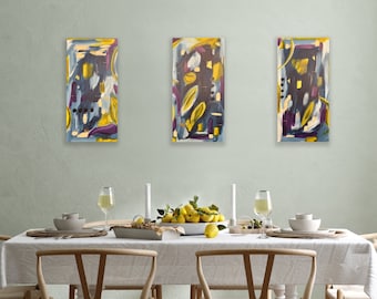 Original Abstract Acrylic Painting: Jewel Tone Triptych Wall Art