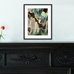 Green, Gold, &quot;Emerald&quot;, Abstract Acrylic Painting on Paper, Wall Decor, Mixed Media Art