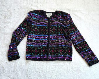 Abito da cocktail party vintage Papell Boutique anni '80, con giacca e top in seta con perline