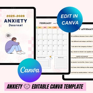 May include: Editable Canva template for an anxiety journal with a pink and white checkered background. The template includes a calendar, a section for monthly goals, and a section for daily affirmations. The text "2025-2026 Anxiety Journal" is at the top of the page. The text "Edit in Canva" is in a blue circle.