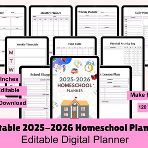 Puede incluir: Un planificador digital para la educación en el hogar, con 120 plantillas para el año escolar 2025-2026. El planificador está diseñado para ser utilizado con Canva e incluye páginas para horarios semanales, planes de lecciones, útiles escolares y más. La portada presenta un edificio escolar de dibujos animados con un techo rojo y una pancarta que dice "2025-2026 Homeschool Planner".