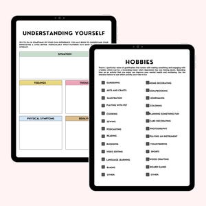 May include: Two digital tablet screens with a checklist for understanding yourself and a list of hobbies. The first screen has a chart with the headings: Situation, Feelings, Thoughts, Physical Symptoms, and Behavior. The second screen has a list of hobbies, including gardening, arts and crafts, illustration, playing with a pet, cooking, sewing, podcasting, reading, blogging, video editing, language learning, baking, and other.