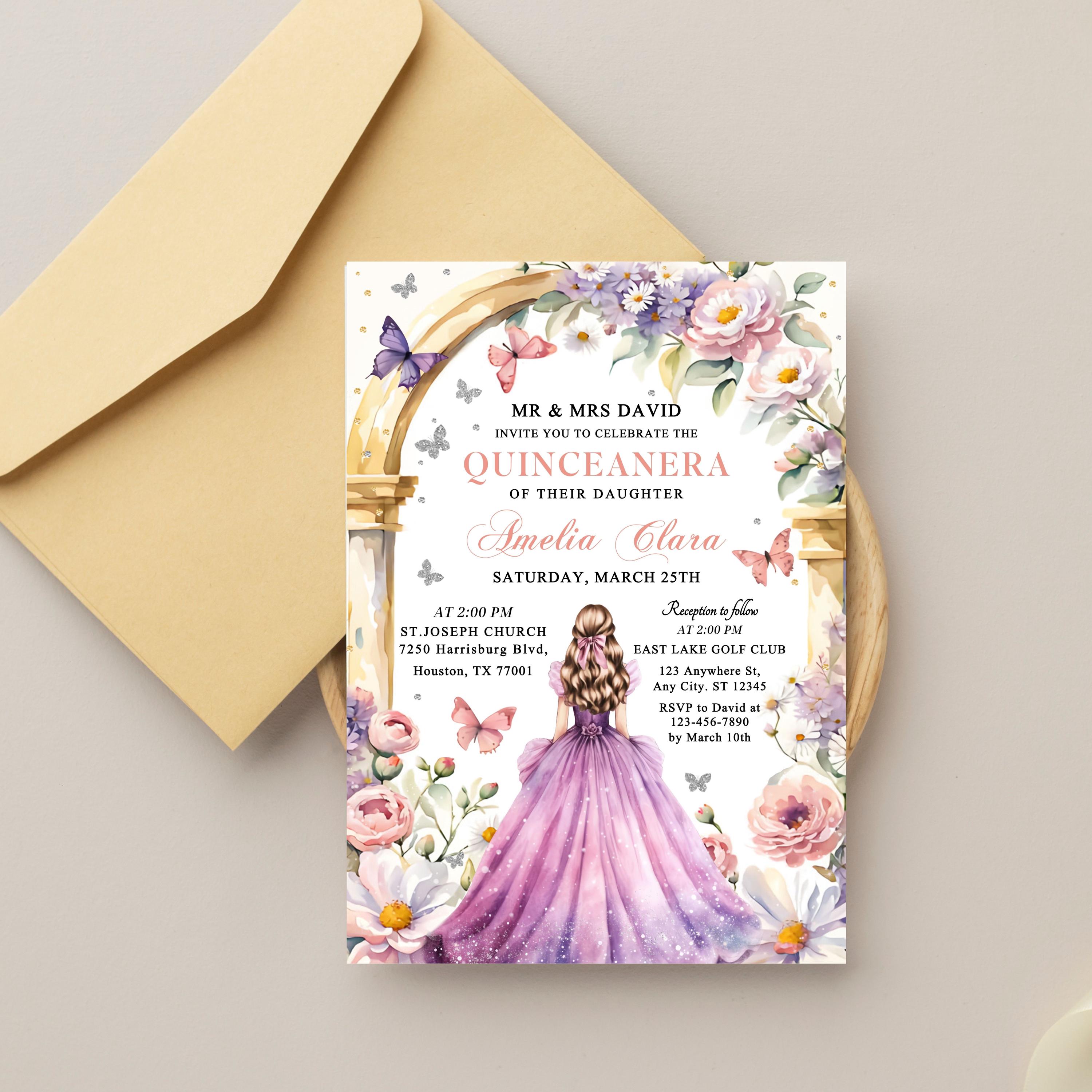 キンセアニェラの招待状 – Sweet 15 Canva テンプレート、花柄
