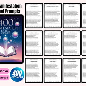 May include: A digital illustration of a tablet screen displaying 400 manifestation journal prompts. The tablet is on a pink background with a starry sky and a glowing open book. The text "400 MANIFESTATION JOURNAL PROMPTS" is displayed on the tablet screen. The text "Made in Canva" and "Instant Download" are displayed below the tablet.
