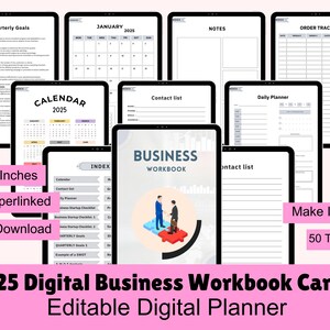 May include: A digital business workbook for Canva, featuring 50 templates for planning and organizing your business. The workbook includes pages for quarterly goals, contact lists, daily planners, and more. The workbook is 8.5 inches by 11 inches and is easy to hyperlink.