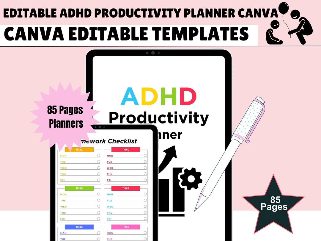 ADHD Productivity Planner Canva Template | Printable Habit Tracker (PDF ...