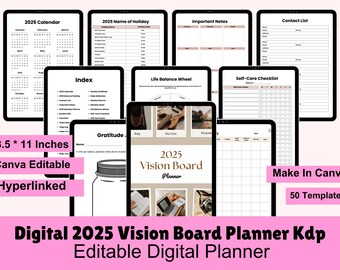 2025 Vision Board Planner, Editable Canva Template (Digital Download)