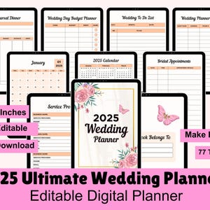 Puede incluir: Un planificador de bodas digital con 77 plantillas para 2025. El planificador incluye páginas para una cena de ensayo, un presupuesto para el día de la boda, una lista de tareas, una lista de invitados, un calendario, citas de la novia y proveedores de servicios. El planificador mide 21,6 cm por 27,9 cm y es editable en Canva. El planificador presenta un diseño floral con mariposas.