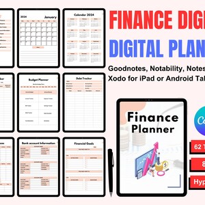 May include: A digital finance planner with 62 templates for Goodnotes, Notability, Noteshelf, and Xodo. The planner includes a calendar, income tracker, budget planner, debt tracker, January finances, bank account information, and financial goals. The planner is 8.5 inches by 11 inches and is hyperlinked.