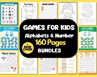 May include: A selection of children's activity sheets with mazes, addition sums, alphabet tracing, and other activities. The cover displays "GAMES FOR KIDS Alphabets & Number 160 Pages BUNDLES".