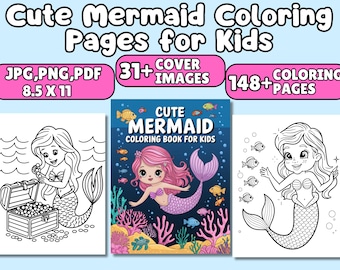 148+ Cute Mermaid Coloring Pages - Adult And Kids Coloring Book, Mermaid Castle Coloring Fantasy Coloring Sheets, Instant Download Printable