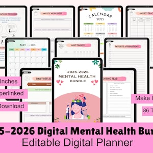 2025 Mental Health Planner Bundle, Self-Care Digital Journal, Printable Therapy and Wellness Templates, Mental Health Planner, Mental Health