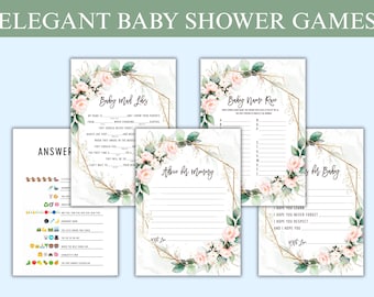 Juegos elegantes para baby shower, diseño floral (descarga digital)