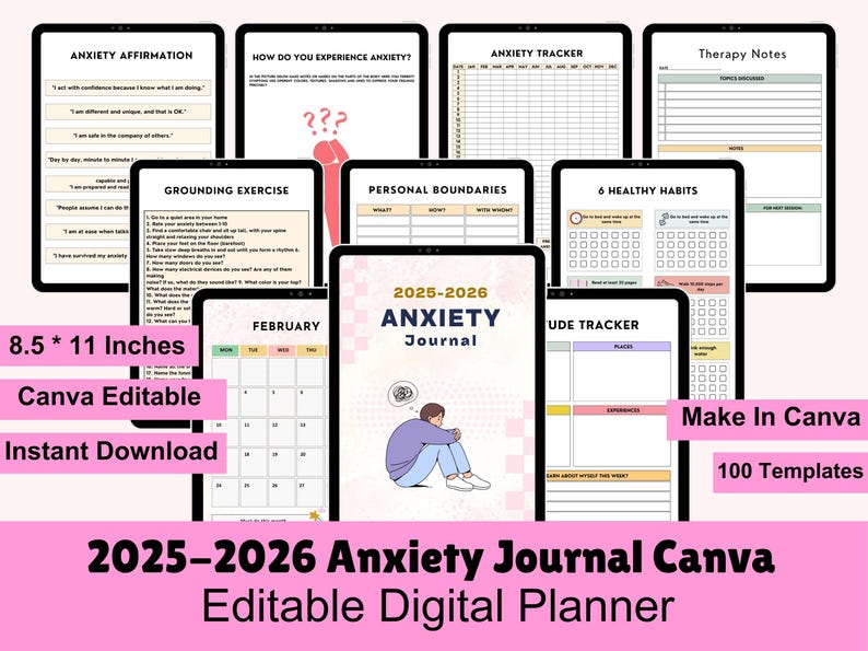 May include: A digital planner for managing anxiety. The cover features a cartoon illustration of a person sitting with their head in their hands. The planner includes pages for tracking anxiety, affirmations, grounding exercises, personal boundaries, healthy habits, and mood tracking. The planner is 8.5 by 11 inches and is editable in Canva. The text "2025-2026 Anxiety Journal Canva Editable Digital Planner" is displayed at the bottom of the image.