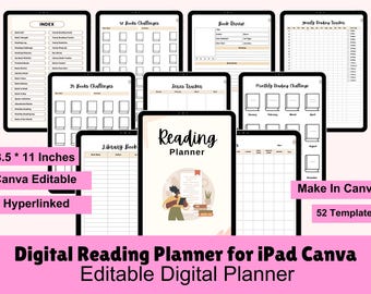 Digital Reading Journal, Book Tracker, Canva Editable (PDF)