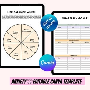 May include: Editable Canva template for quarterly goals and life balance wheel. The template includes sections for family and friends, self-development, and spirituality. Each section has columns for goal, why, and reward. The life balance wheel has sections for career, home, finance, personal growth, health, friends, love, and leisure.