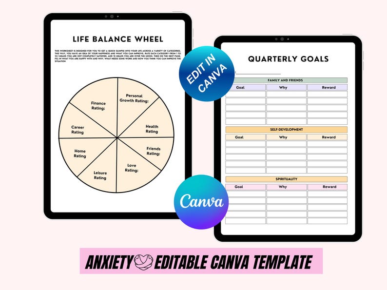 May include: Editable Canva template for quarterly goals and life balance wheel. The template includes sections for family and friends, self-development, and spirituality. Each section has columns for goal, why, and reward. The life balance wheel has sections for career, home, finance, personal growth, health, friends, love, and leisure.