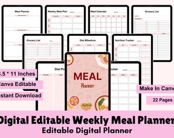 Planificateur de repas hebdomadaire imprimable, liste de courses, PDF A4 (téléchargement numérique)