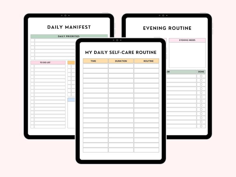 May include: Three printable digital planner pages with black frames. The first page is titled "Daily Manifest" with sections for "Daily Priorities" and "To Do List". The second page is titled "My Daily Self-Care Routine" with columns for "Time", "Duration", and "Routine". The third page is titled "Evening Routine" with sections for "Evening Needs" and a checklist with "Task" and "Done" columns.