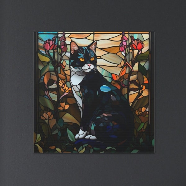 Tuxedo Cat Stained Glass Wall Art Print Home Decor Cat Lovers Gift Canvas Artwork Cute Cat Print Art Nouveau Wallart Ready To Hang