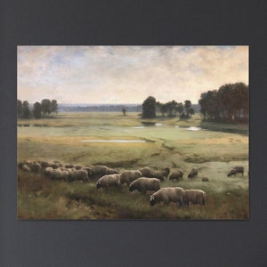 Sheep Art Print Painting Vintage Oil Painting Lambs in Field Meadow Neutral Painting Dark Farm Landscape Fields Large Ready To Hang Canvas