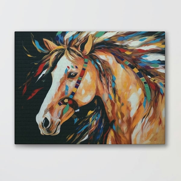 American Indian War Horse Art Print, Chief Headdress Artwork, Native Feather Picture, Wall Home Decor Rustic Decoration Ready to Hang Canvas