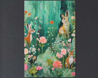 Vintage Rabbit Painting for Nursery Antique Bunnies Print Rustic Forest Animal Art Cottagecore Decor Fine Art Forestcore Mailed Canvas Print