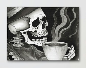 Skeleton Coffee Wall Art Cozy Gothic Macabre Art Kitchen Bar Print Dark Gothic Skull Artwork Halloween Wall Art Death Home Decor Wallart